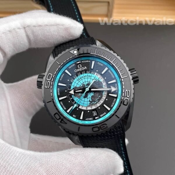 Omega Seamaster Planet Ocean Worldtimer Earth globe dial close-up replica watch