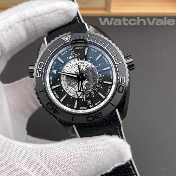 Omega Seamaster Planet Ocean Worldtimer Earth globe dial close-up replica watch