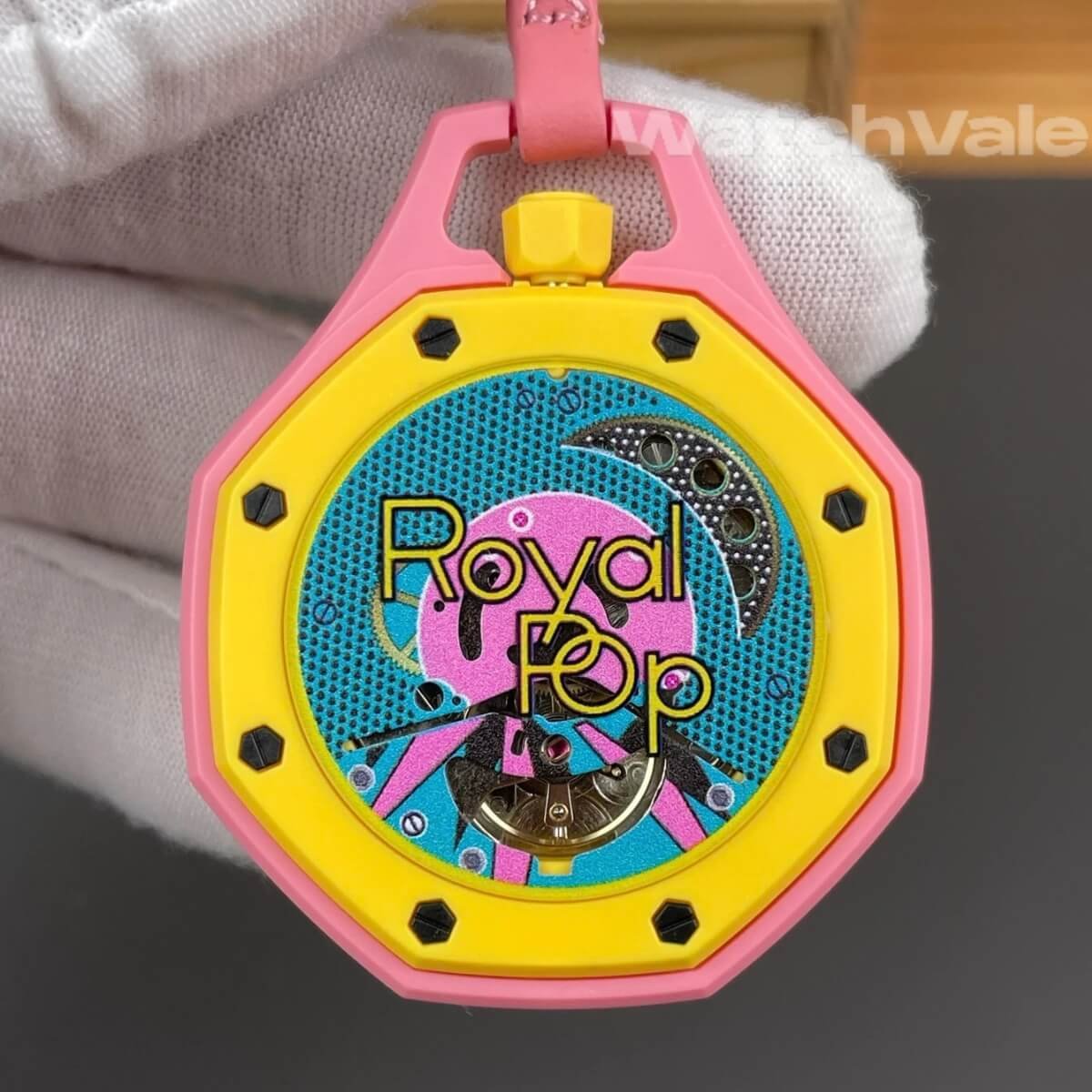 Audemars Piguet x Swatch Royal Pop pink calfskin lanyard replica on wrist