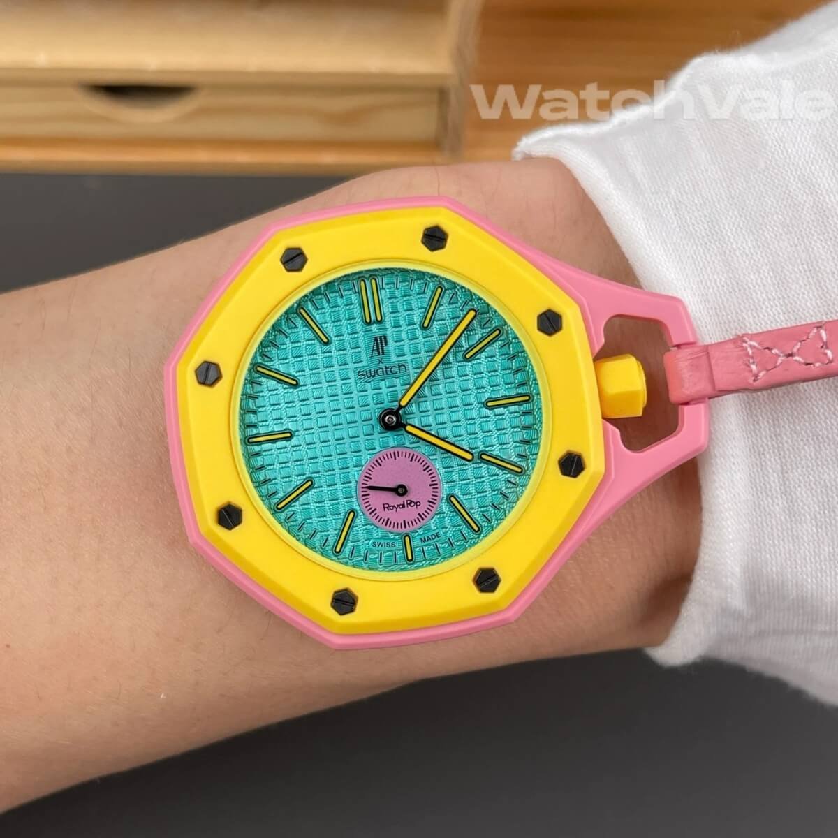 Audemars Piguet x Swatch Royal Pop pink lanyard strap detail replica