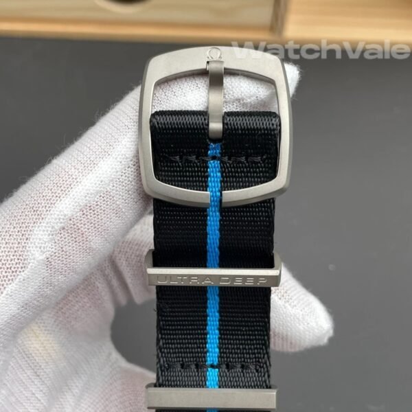 Omega Seamaster Planet Ocean Ultra Deep black cyan NATO strap detail replica