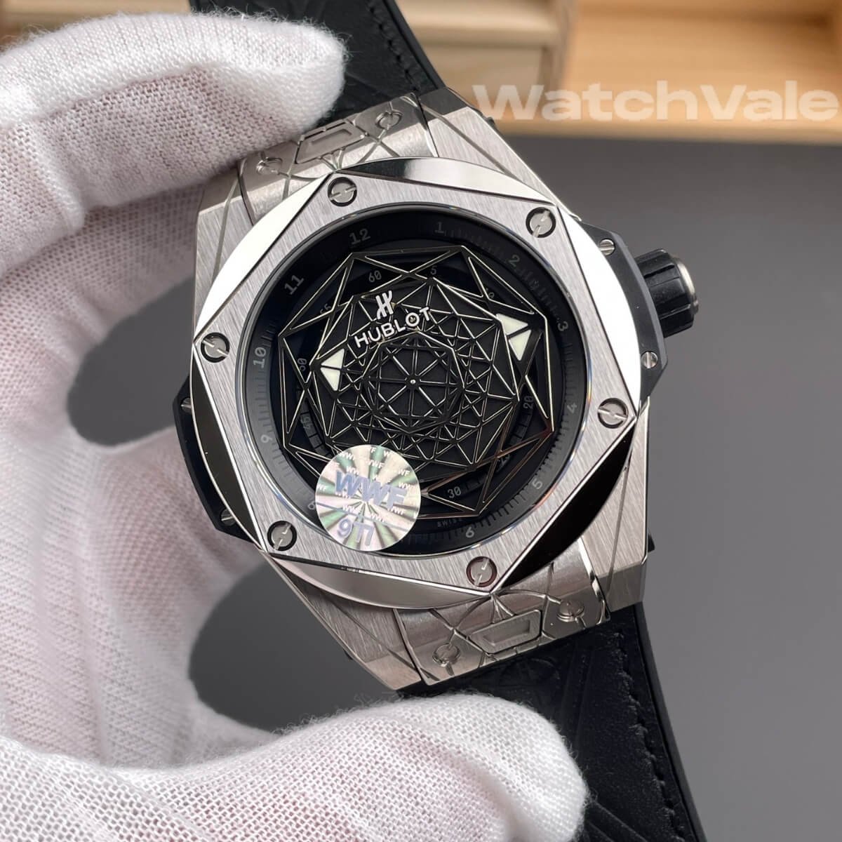 Hublot Big Bang Sang Bleu titanium leather strap replica on wrist