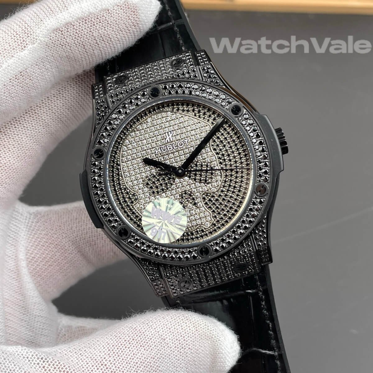 Hublot Classic Fusion Skull diamond dial close-up replica watch