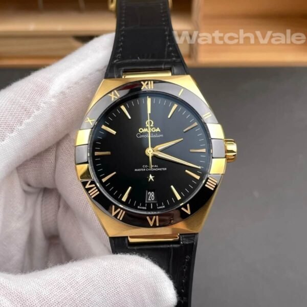 Omega Constellation 41mm black leather strap replica on wrist