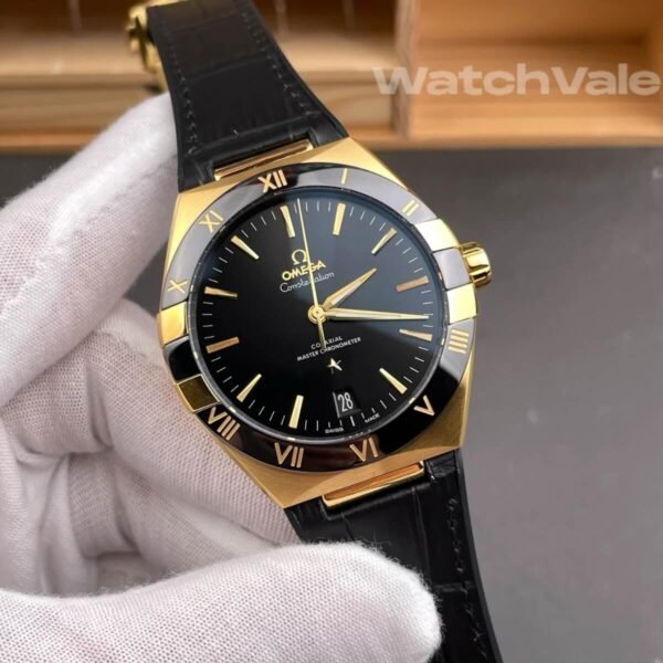 Black dial black ceramic bezel yellow gold Omega Constellation replica watch