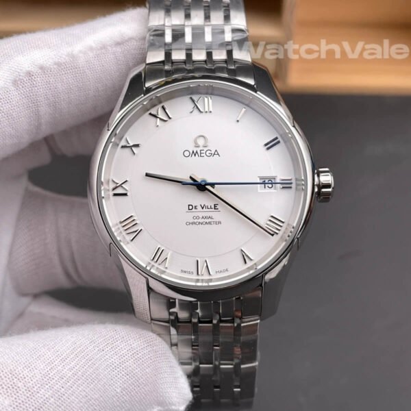 Omega De Ville Co-Axial silver dial close-up replica watch