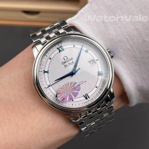 Omega De Ville Prestige 39.5mm full view rhodium silver blue replica