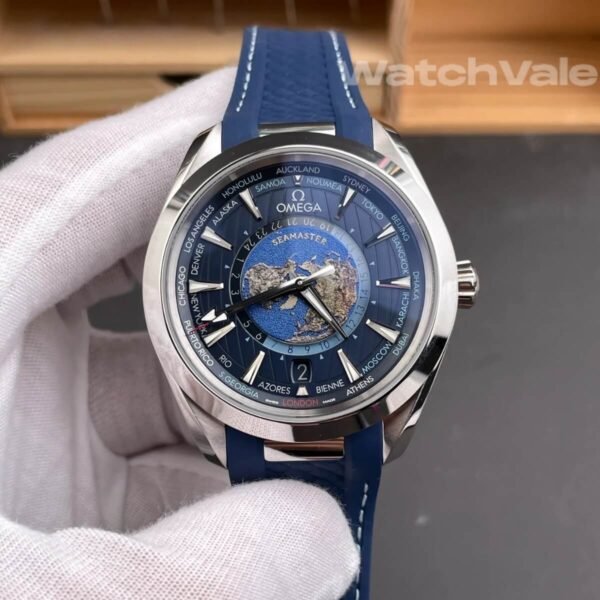 Omega Seamaster Aqua Terra Worldtimer Earth globe close-up replica watch