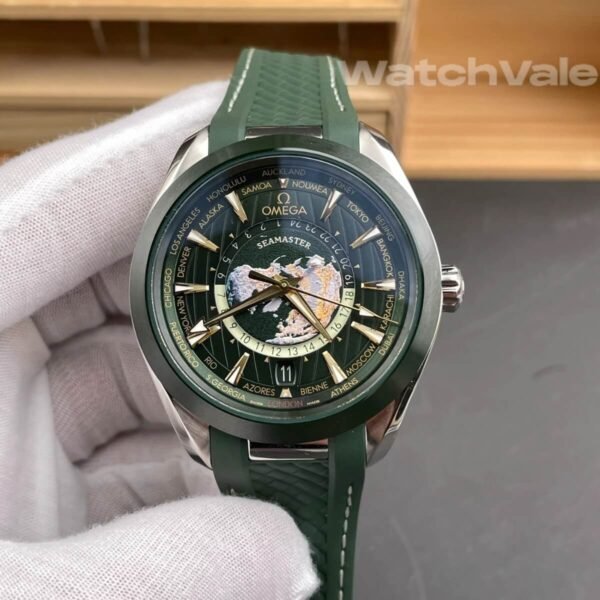 Omega Seamaster Aqua Terra Worldtimer green Earth globe dial close-up replica watch