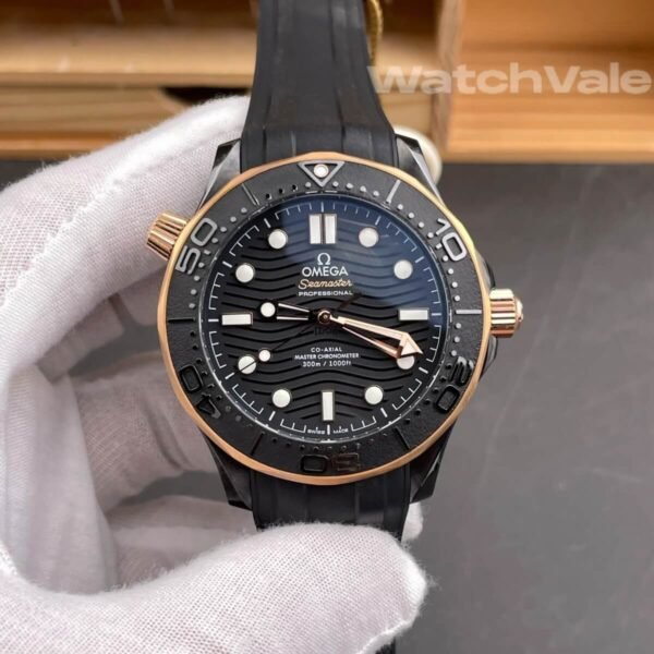 Omega Seamaster Diver 300M Sedna gold rubber strap replica on wrist