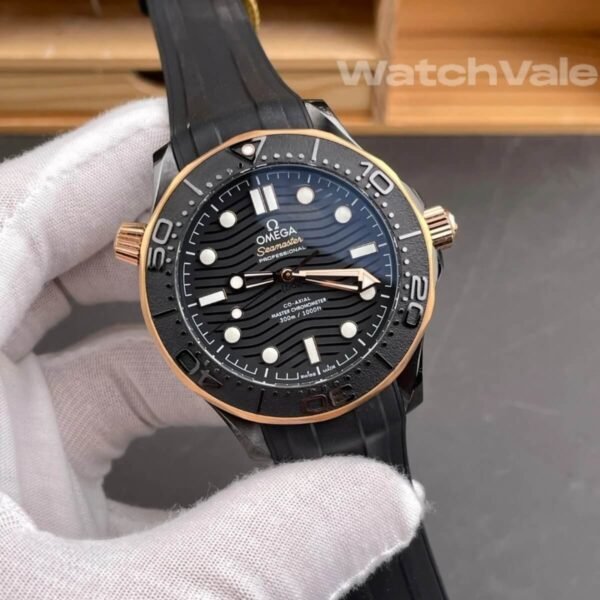 Black ceramic dial Sedna gold bezel Omega Seamaster replica watch