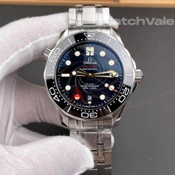 Omega Seamaster James Bond gun-barrel dial close-up replica watch