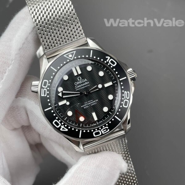 Omega Seamaster Diver 300M black wave dial close-up replica watch