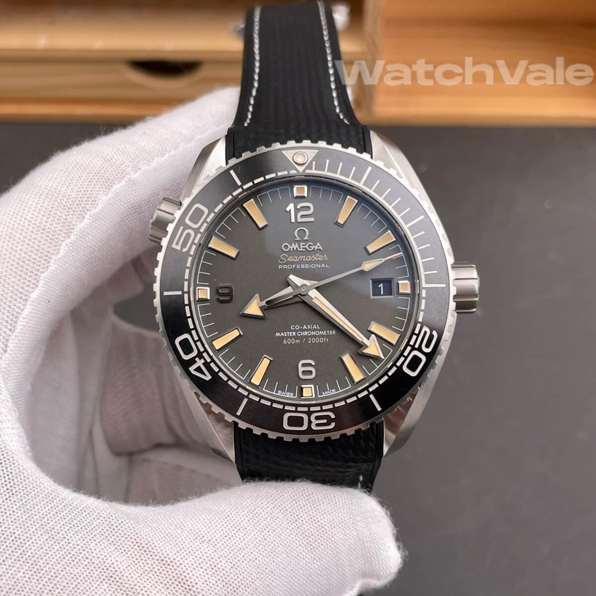 Omega Seamaster Planet Ocean gunmetal dial close-up replica watch