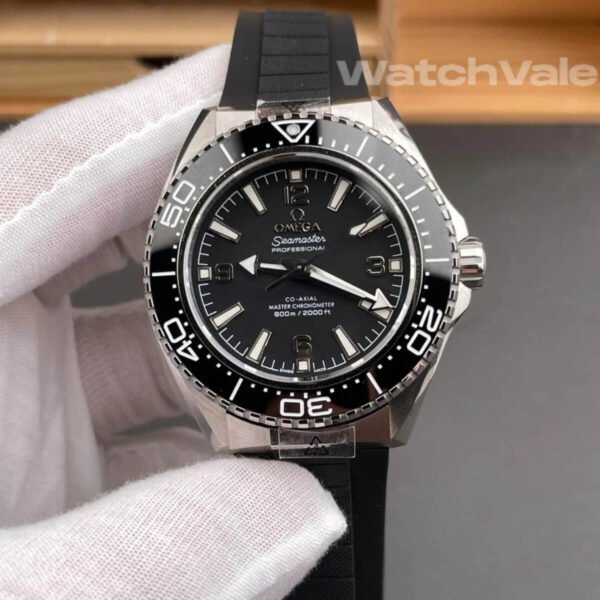 Omega Seamaster Planet Ocean black ceramic dial close-up replica watch