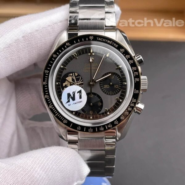 Omega Speedmaster Apollo 11 grey black step dial close-up replica watch
