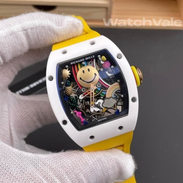Richard Mille RM 88 Smiley white ceramic yellow strap replica on wrist