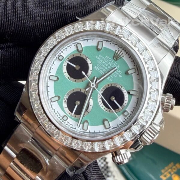 Turquoise blue dial baguette diamond bezel Rolex Daytona replica watch