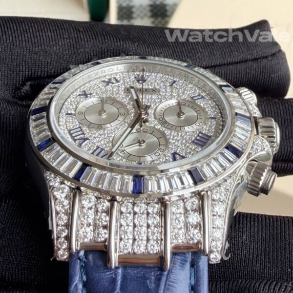 Rolex Daytona 116599 12SA blue sapphire diamond bezel side view replica