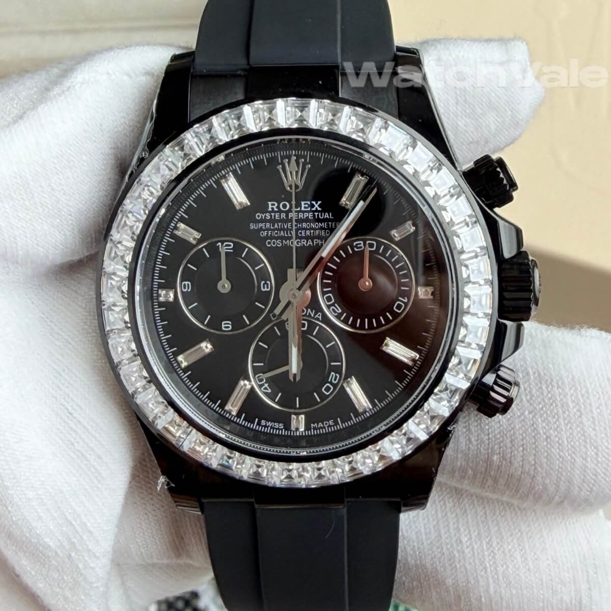 Rolex Daytona TBR-Style baguette diamond dial close-up replica watch