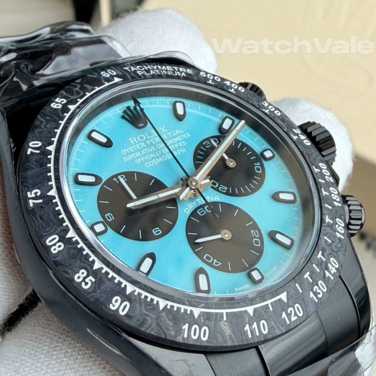 Rolex Daytona Custom Carbon turquoise dial close-up replica watch