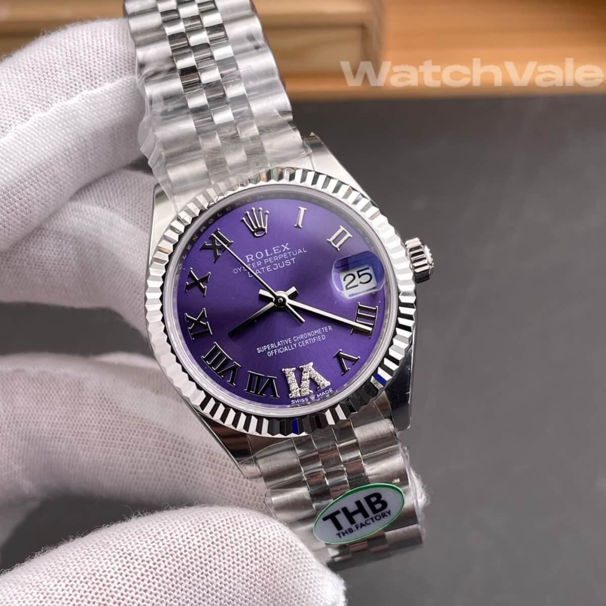 Rolex Datejust aubergine Roman dial close-up replica watch