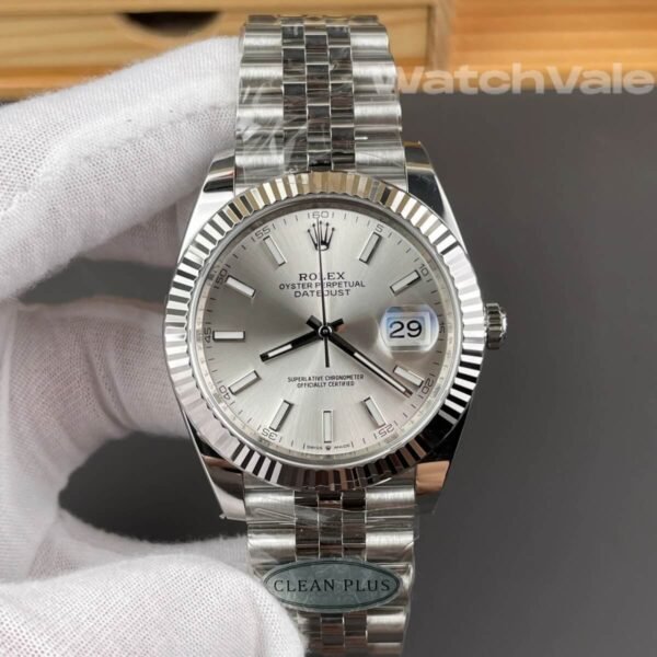 Rolex Datejust 41 silver dial close-up replica watch