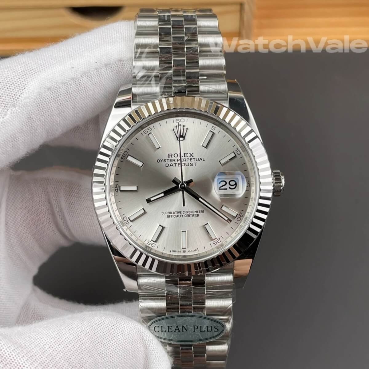 Rolex Datejust 41 silver dial close-up replica watch
