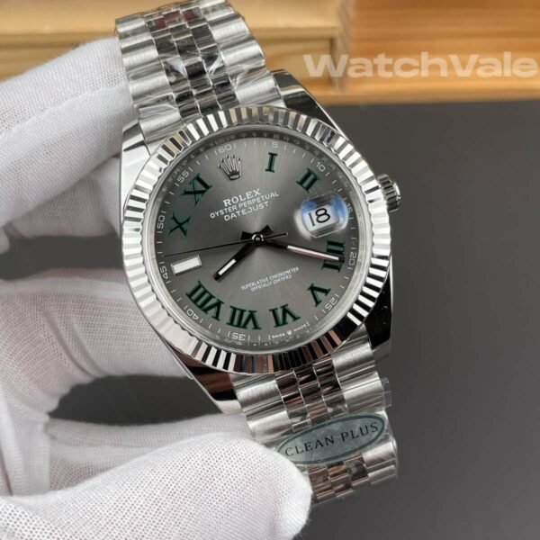 Rolex Datejust Wimbledon green Roman numerals close-up replica watch