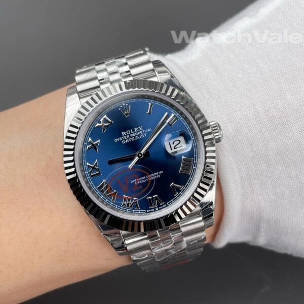 Rolex Datejust 41 full view Azzurro blue white gold replica