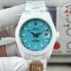 Rolex Datejust AET REMOULD turquoise dial close-up replica watch Rolex Datejust 41 126334-Style white ceramic replica on wrist