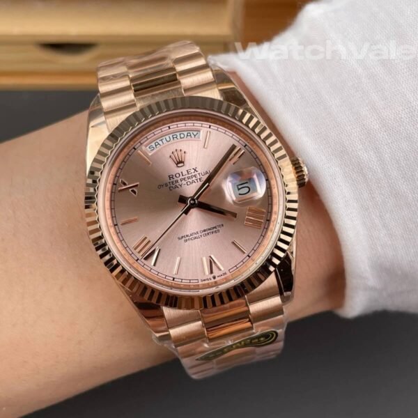 Rolex Day-Date 40 full view Sundust Roman Everose gold replica