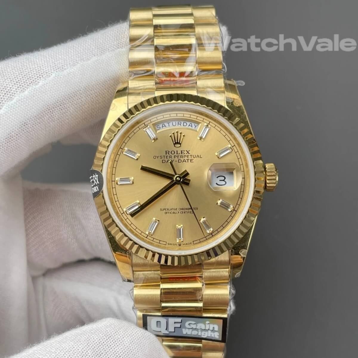 Rolex Day-Date champagne baguette diamond dial close-up replica watch