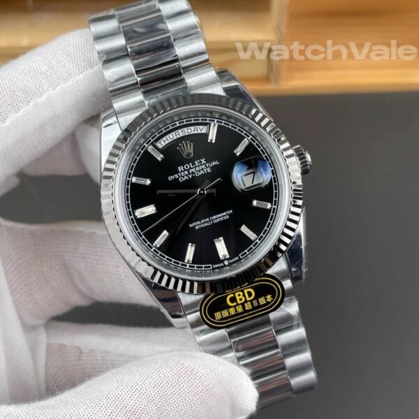 Black baguette diamond dial white gold fluted bezel Rolex Day-Date replica watch