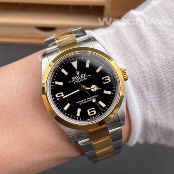 Rolex Explorer 36 124273 full view yellow Rolesor black dial replica