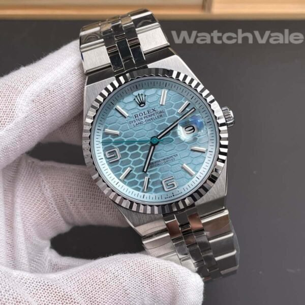 Ice blue honeycomb dial platinum Rolex Land-Dweller replica watch