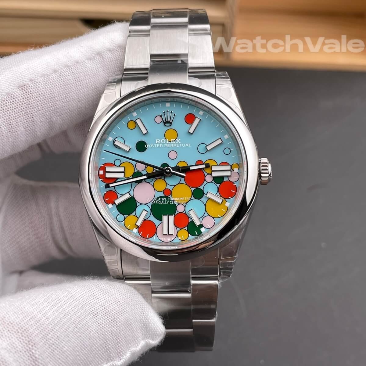Rolex Oyster Perpetual 124300 Celebration Motif dial close-up replica watch