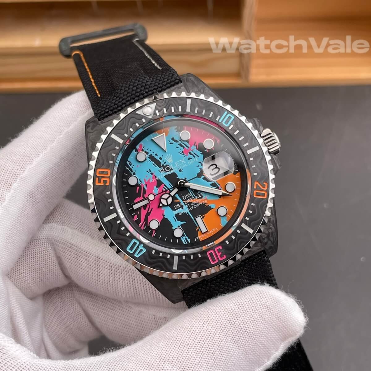 Rolex Sea-Dweller DiW Motley multicolor dial close-up replica watch
