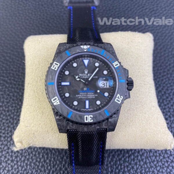 Rolex Submariner DIW Carbon Blue forged carbon dial close-up replica watch