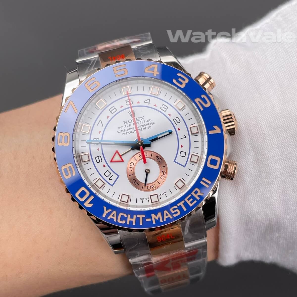 Rolex Yacht-Master II 116681 full view white dial blue bezel replica