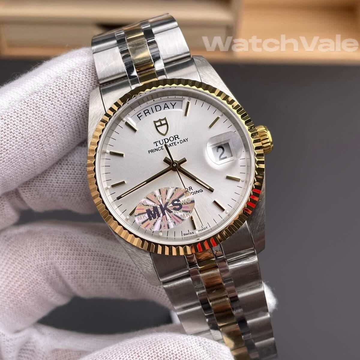 Tudor Prince Date-Day silver linen dial close-up replica watch