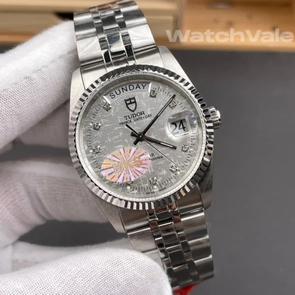 Tudor Prince Date-Day diamond dial close-up replica watch