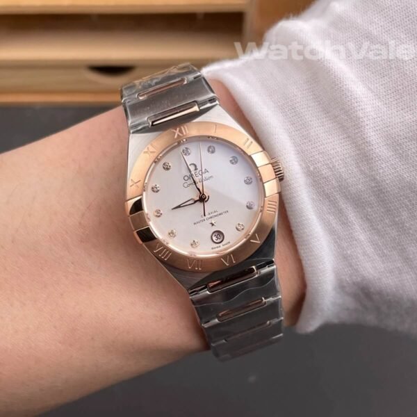 Omega Constellation 29mm full view crystal white Sedna gold replica