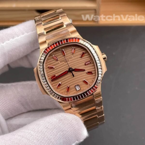 Women’s Patek Philippe Nautilus 7118/1200R customized golden brown dial rainbow baguette bezel rose gold bracelet 1:1 super clone