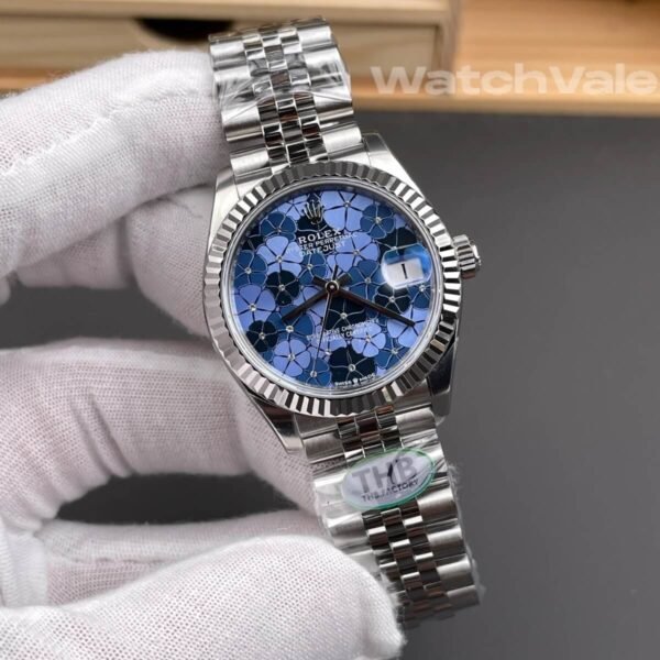 Women’s Rolex Datejust 31 278274 Azzurro blue floral motif diamond dial white gold fluted bezel Jubilee bracelet 1:1 super clone