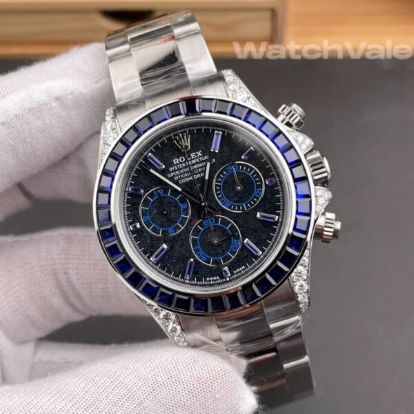 Rolex Cosmograph Daytona 116599 blue sapphire bezel black diamond pavé dial white gold diamond set case Oyster bracelet 1:1 super clone