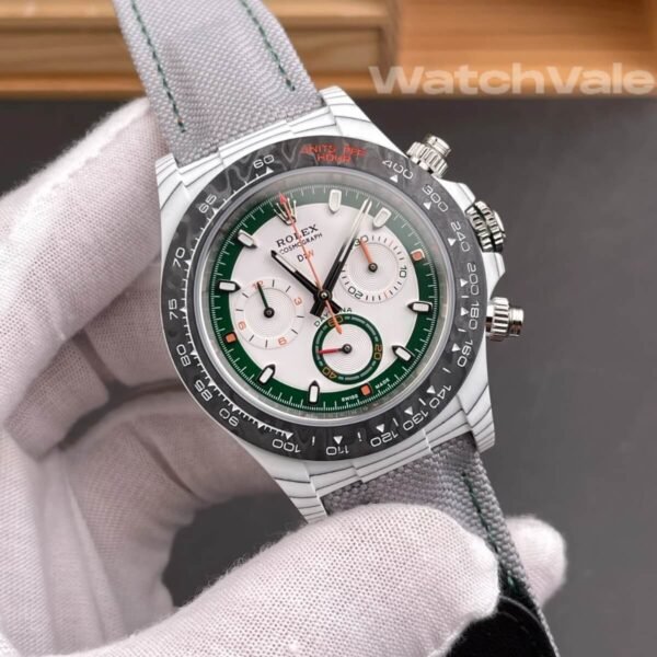 Rolex Cosmograph Daytona DiW Golfer Alpine White Carbon white and green dial grey nylon strap 1:1 super clone