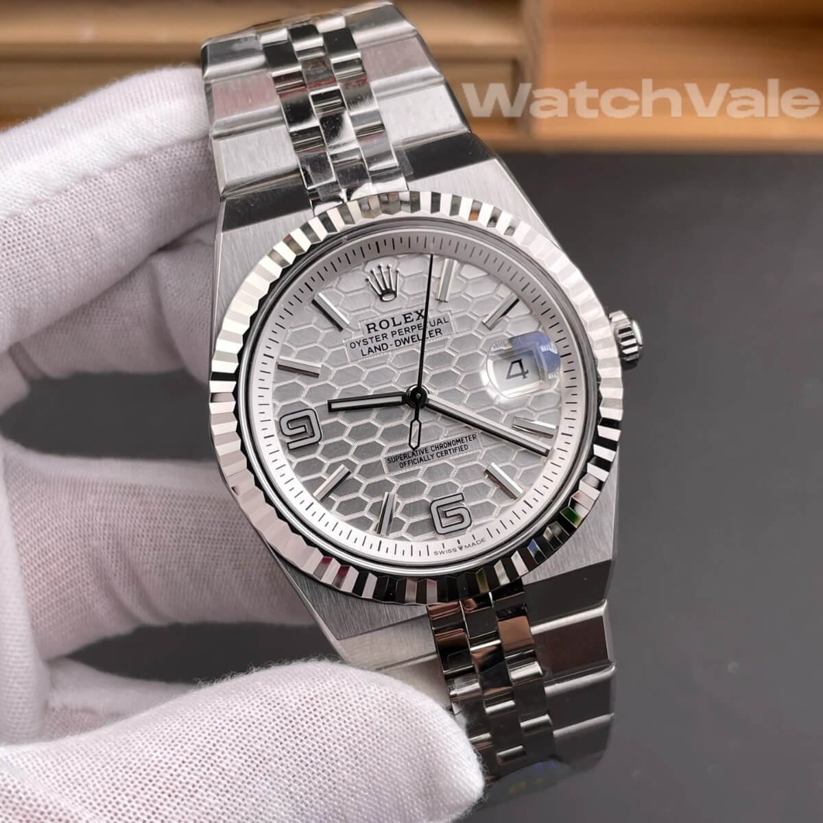 Rolex Land-Dweller 40 127334 intense white honeycomb dial white gold fluted bezel flat Jubilee bracelet 1:1 super clone