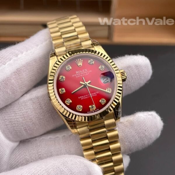 Rolex Datejust 36 customized red ombré diamond dial yellow gold fluted bezel President style bracelet 1:1 super clone