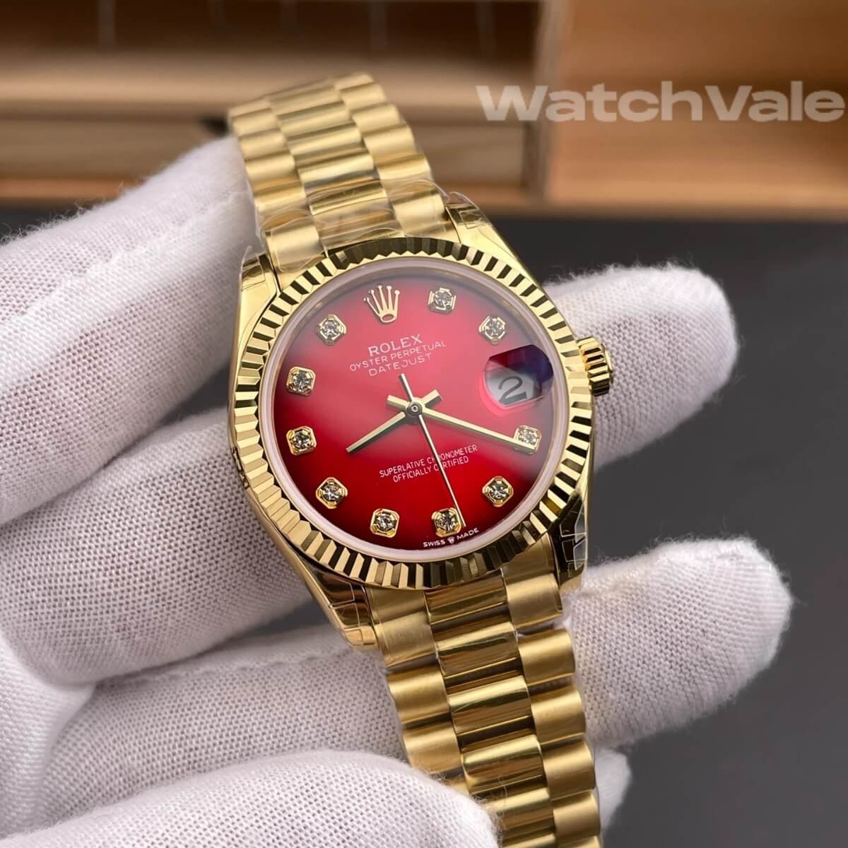 Rolex Datejust 36 customized red ombré diamond dial yellow gold fluted bezel President style bracelet 1:1 super clone